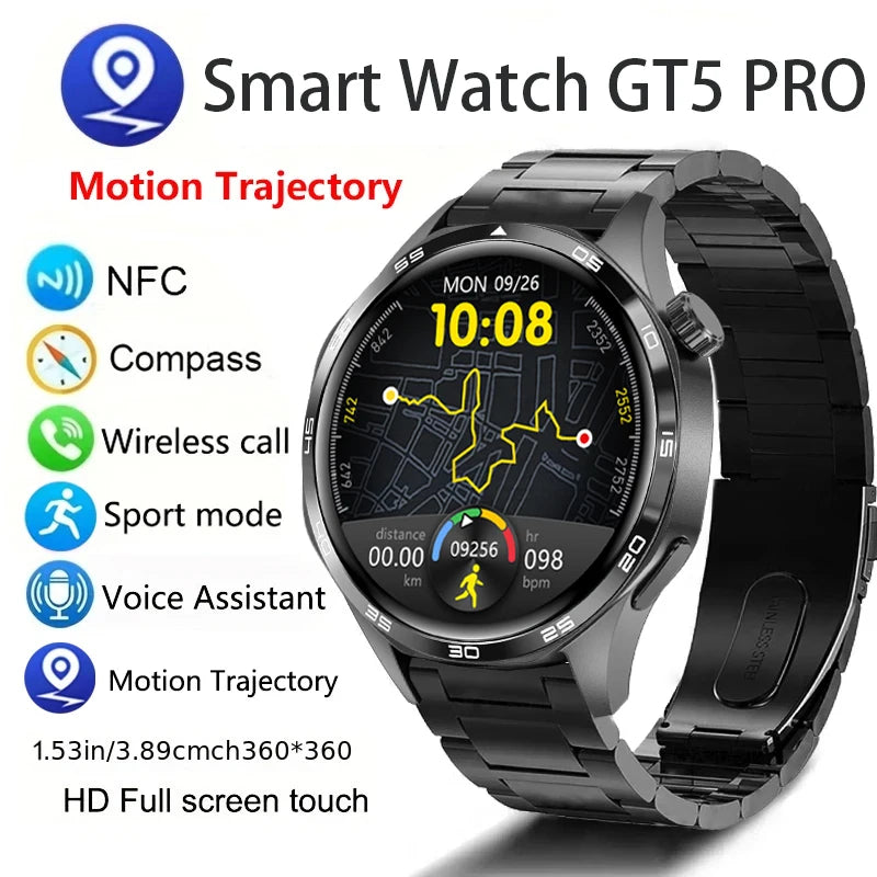 GT5 Pro Smart Watch - Men's 2024 AMOLED HD Smartwatch with Bluetooth Calling, GPS, NFC, Heart Rate Monitor & Compass