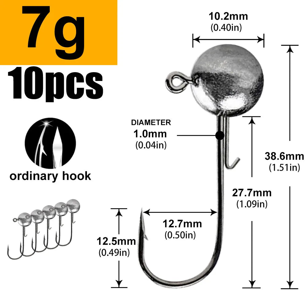 Round Head Jig Hooks for Soft Lure Fishing - Multi-Weight Pack (1g, 2g, 3g, 4g to 20g) - Premium Worm Bait Jigging Hooks for Crank Fishing