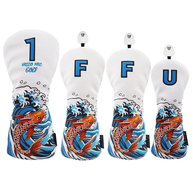 Koi Pattern Golf Club Head Covers – PU Leather, Waterproof, Driver / Fairway / Hybrid / Putter