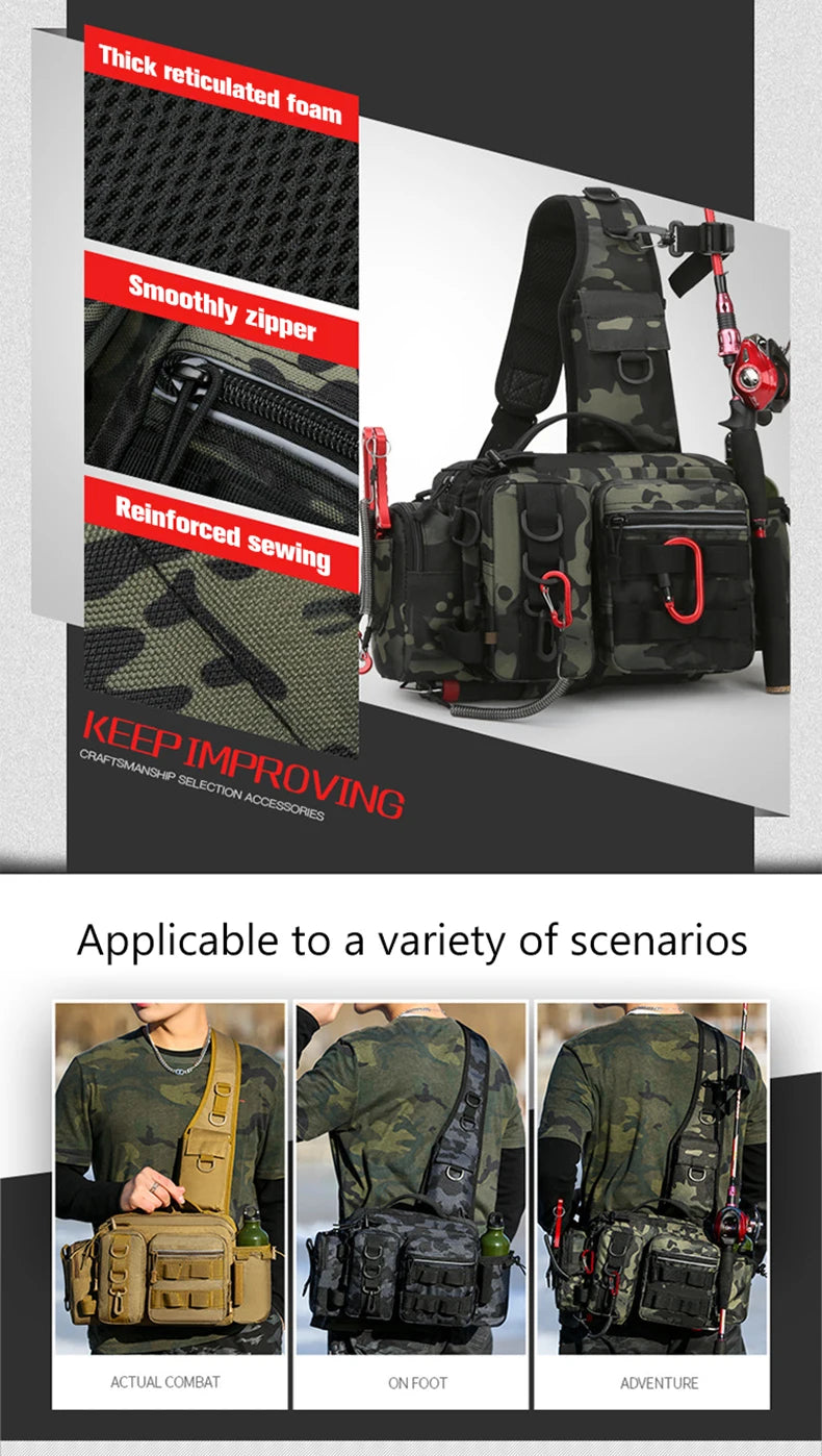 Men's Fishing Backpack with Pole Holder - Equipment Storage Bag with Bait Box, Sling Shoulder Strap