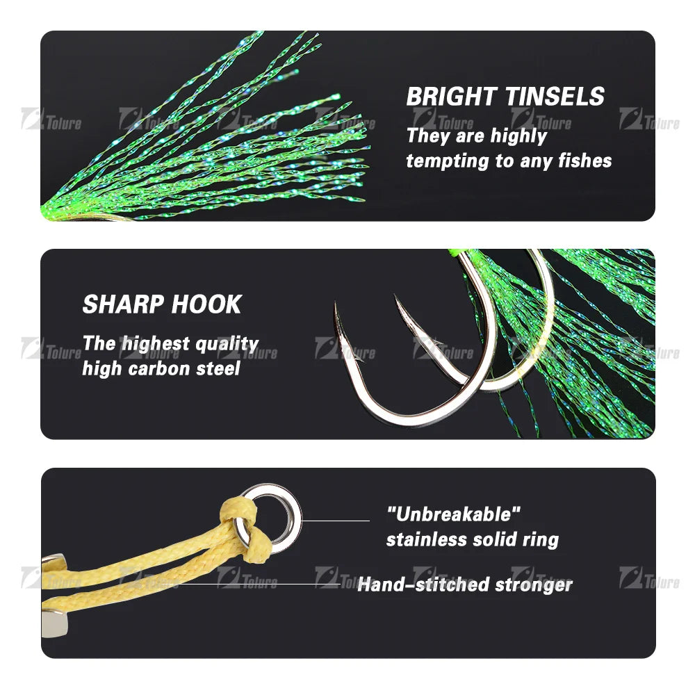 TOLU Metal Jigging Assist Hooks Set - 10 Pieces, Size 13-22#, PE Line with Feather, Solid Ring, UV Enhanced for 10-120g Lures