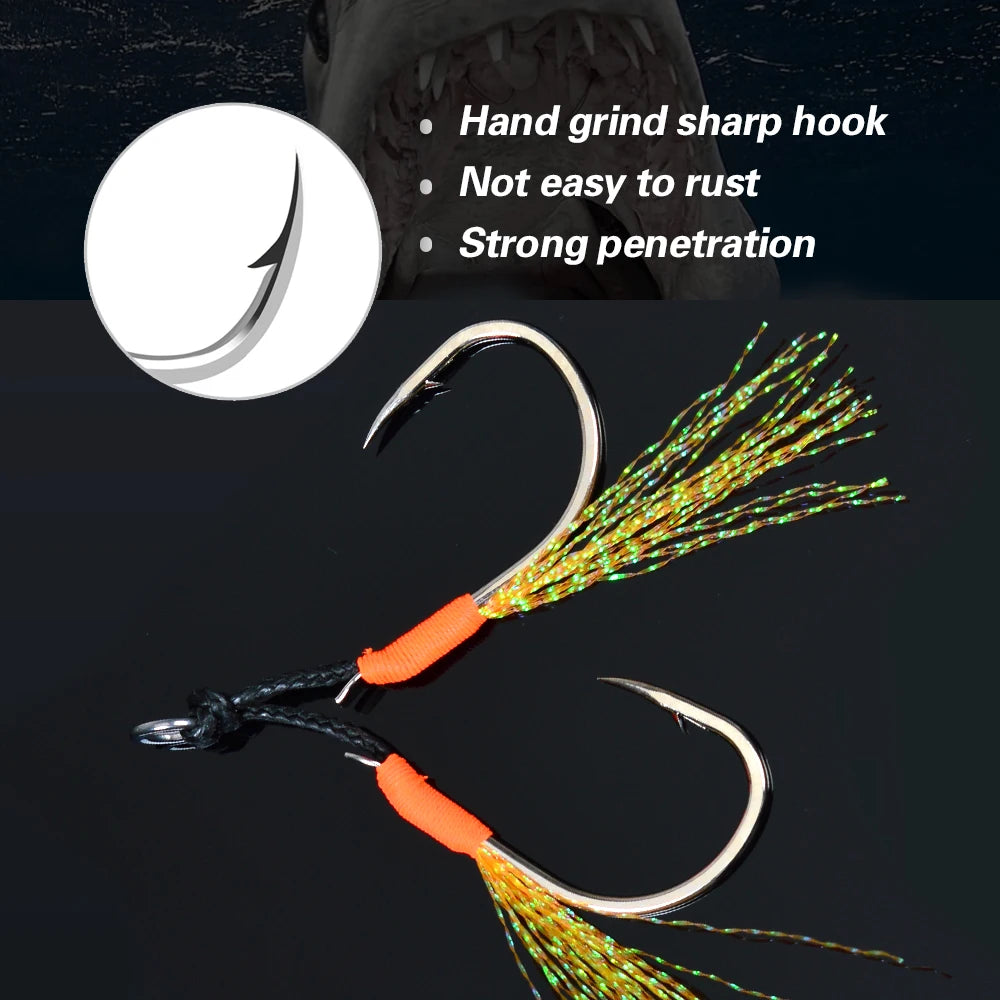 TOLU Metal Jigging Assist Hooks Set - 10 Pieces, Size 13-22#, PE Line with Feather, Solid Ring, UV Enhanced for 10-120g Lures