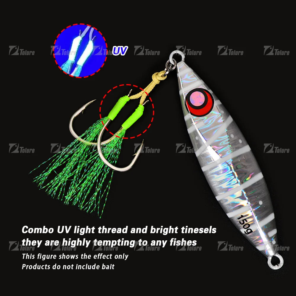 TOLU Metal Jigging Assist Hooks Set - 10 Pieces, Size 13-22#, PE Line with Feather, Solid Ring, UV Enhanced for 10-120g Lures