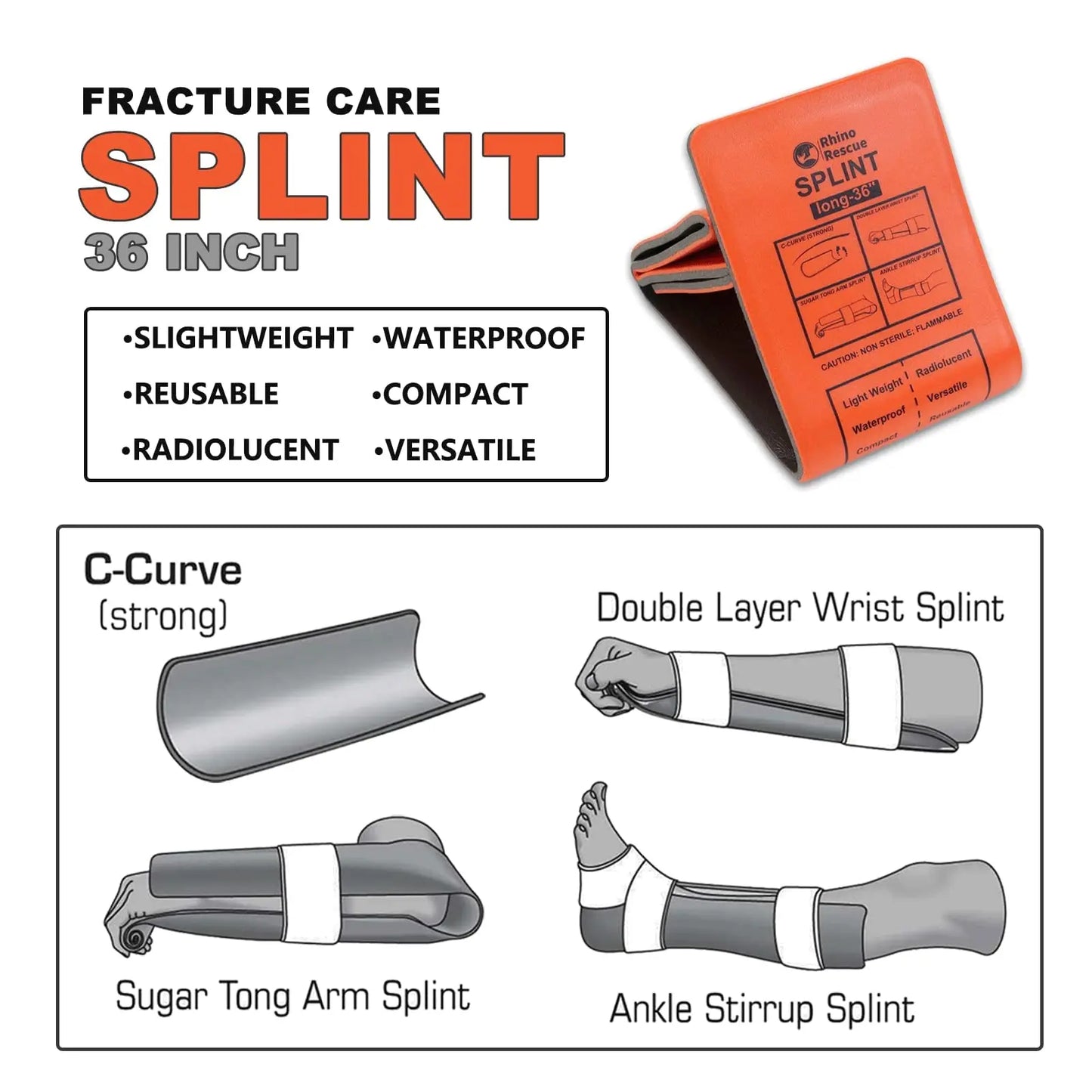RHINO RESCUE Emergency First Aid Splint - 36" x 4.3" Green-Gray Bone Stabilizer for Camping, Hiking & Outdoor Emergency Kits