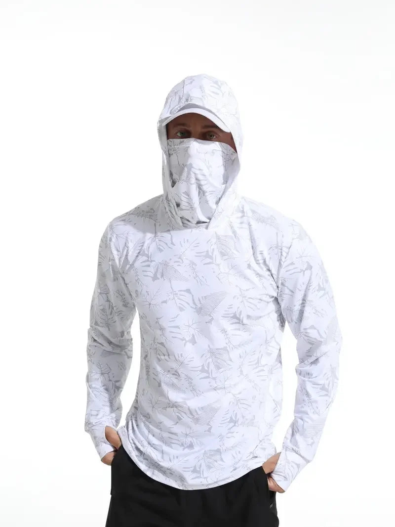 Men's Hooded Fishing Performance Jersey - UV Protection Sun Mask Hoodie for Outdoor Summer Activities