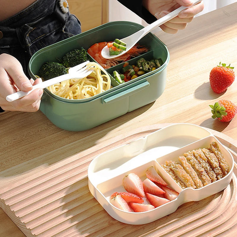 Portable Double-Layer Lunch Box with Compartments - Microwave Safe Food Container with Fork & Spoon Set for Picnic and Fresh Food Storage