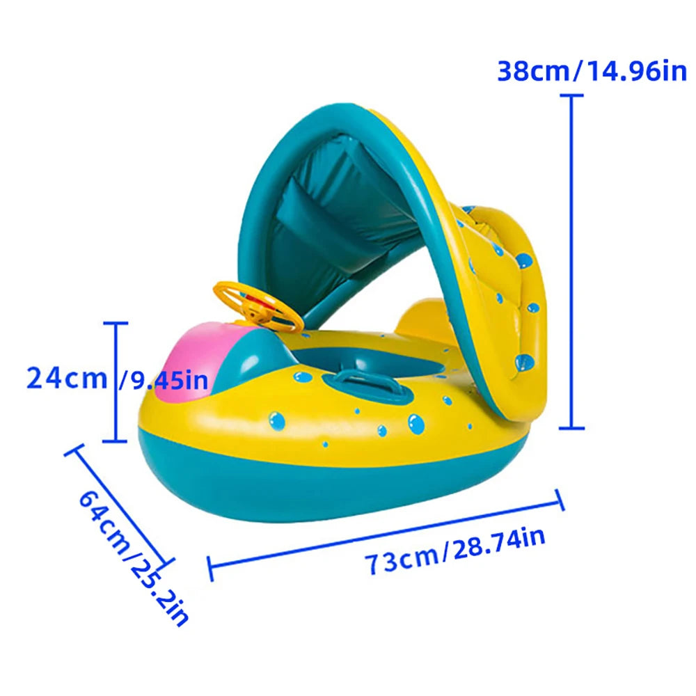 Yellow Inflatable Baby Swimming Pool Float - 1 Piece Sunshade Seat Ring with Steering Wheel