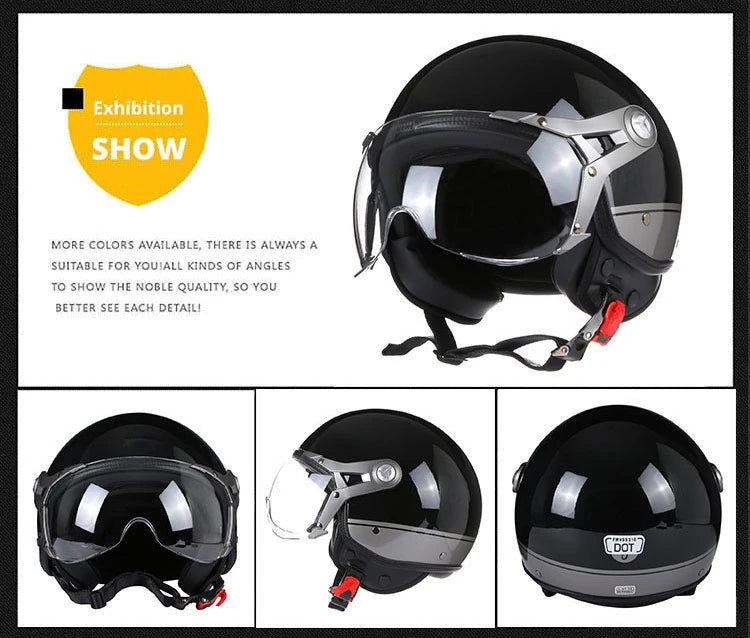Retro 3/4 Open Face Motorcycle Helmet - Jet Style with Visor for Motorbike & Scooter Riding