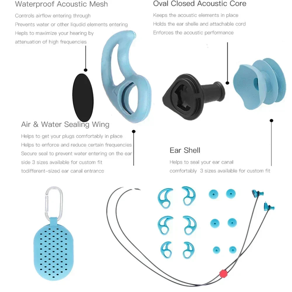 Universal-Fit Waterproof Ear Plugs with Sound Transmission - Swimming Surfing Diving Water Sports Accessories with Lanyard