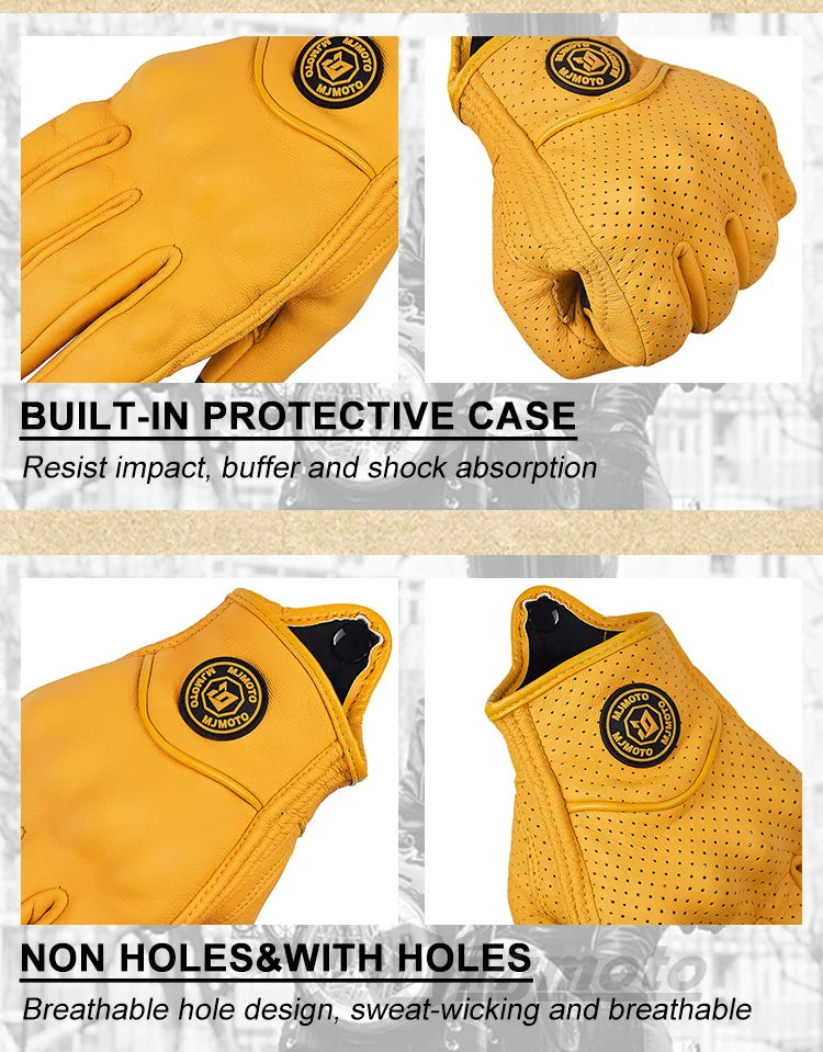 Breathable Perforated Leather Motorcycle Gloves - Retro Yellow Racing Gloves with Touch Screen for Men & Women - Motocross Motorbike Riding Gear