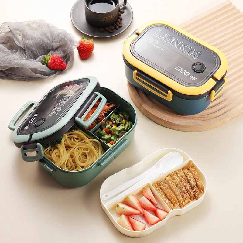 Portable Double-Layer Lunch Box with Compartments - Microwave Safe Food Container with Fork & Spoon Set for Picnic and Fresh Food Storage