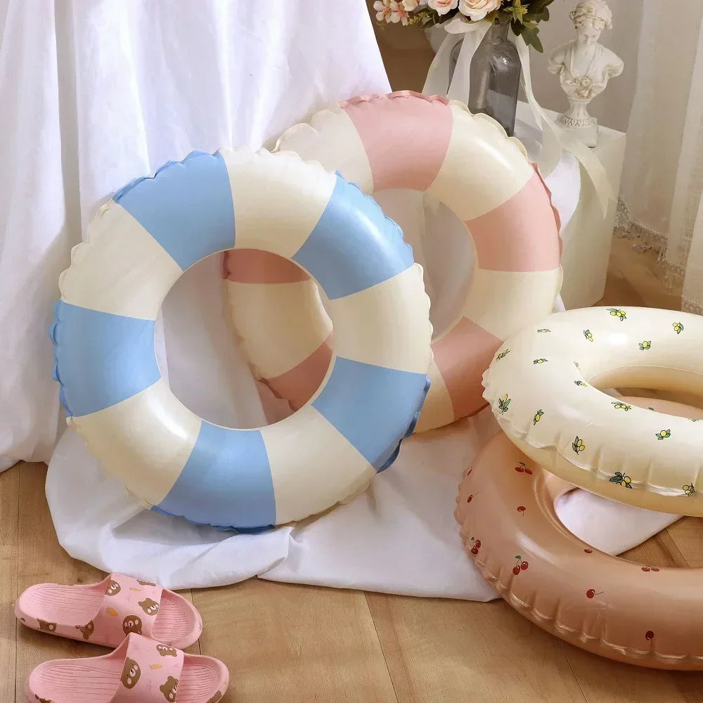 Kids PVC Striped Swimming Ring - Inflatable Floating Tube Donut for Boys & Girls Summer Pool Fun