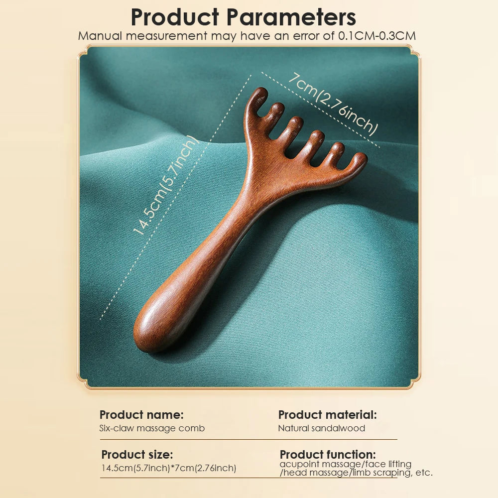 6-Claw Wooden Head Massage Comb - Anti-Static Meridian Massager for Blood Circulation & Gua Sha Therapy