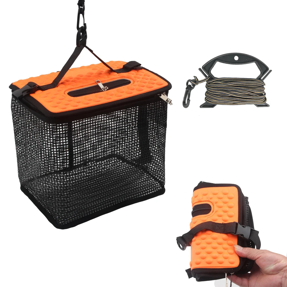 Portable Collapsible Mesh Fish Basket - Foldable Floating Fishing Holder for Caught Fish and Minnow Bait