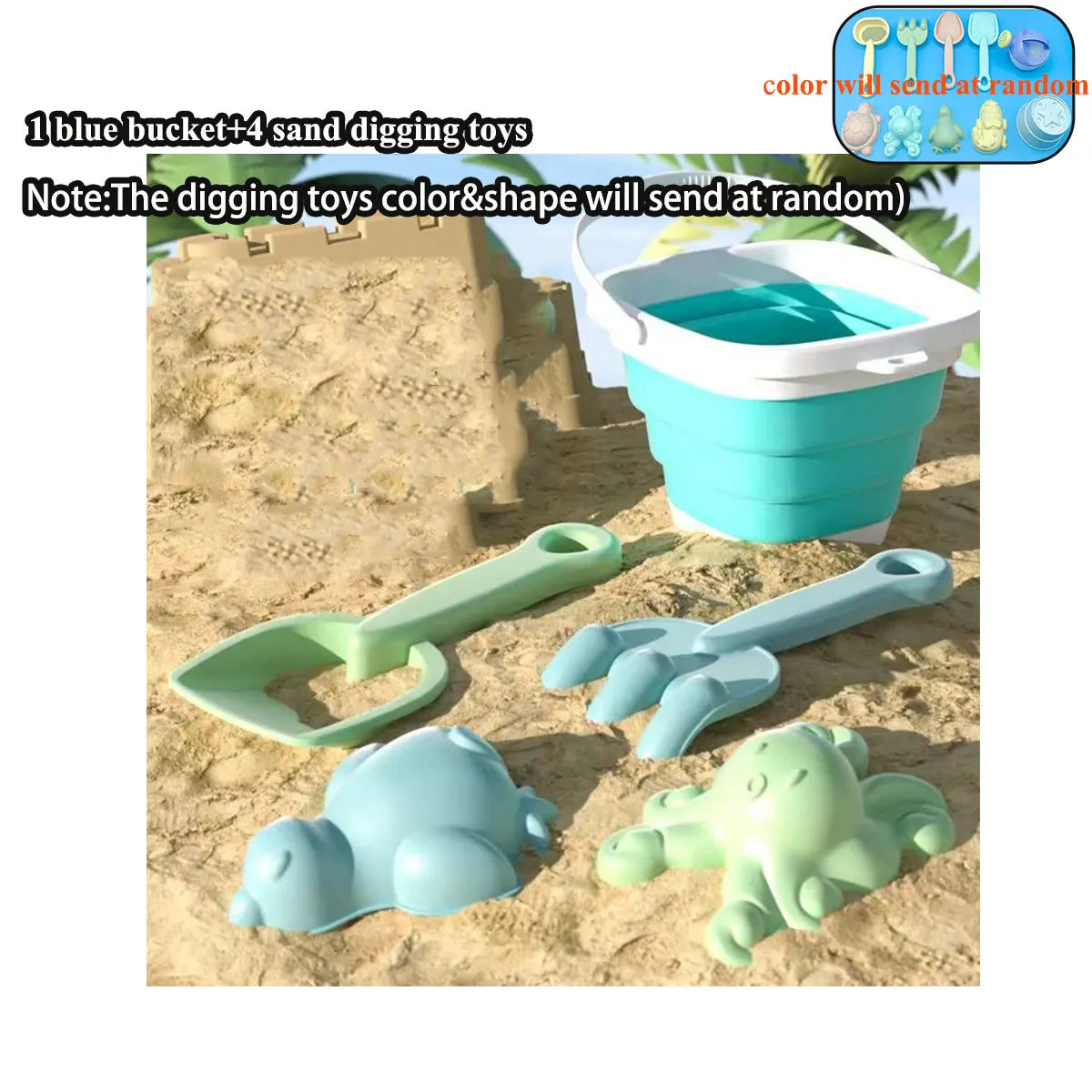 Children's Beach Sand & Water Play Set - 11 Piece Collapsible Bucket Kit with Summer Outdoor Toys for Kids Sandbox Games (Random Color Selection)