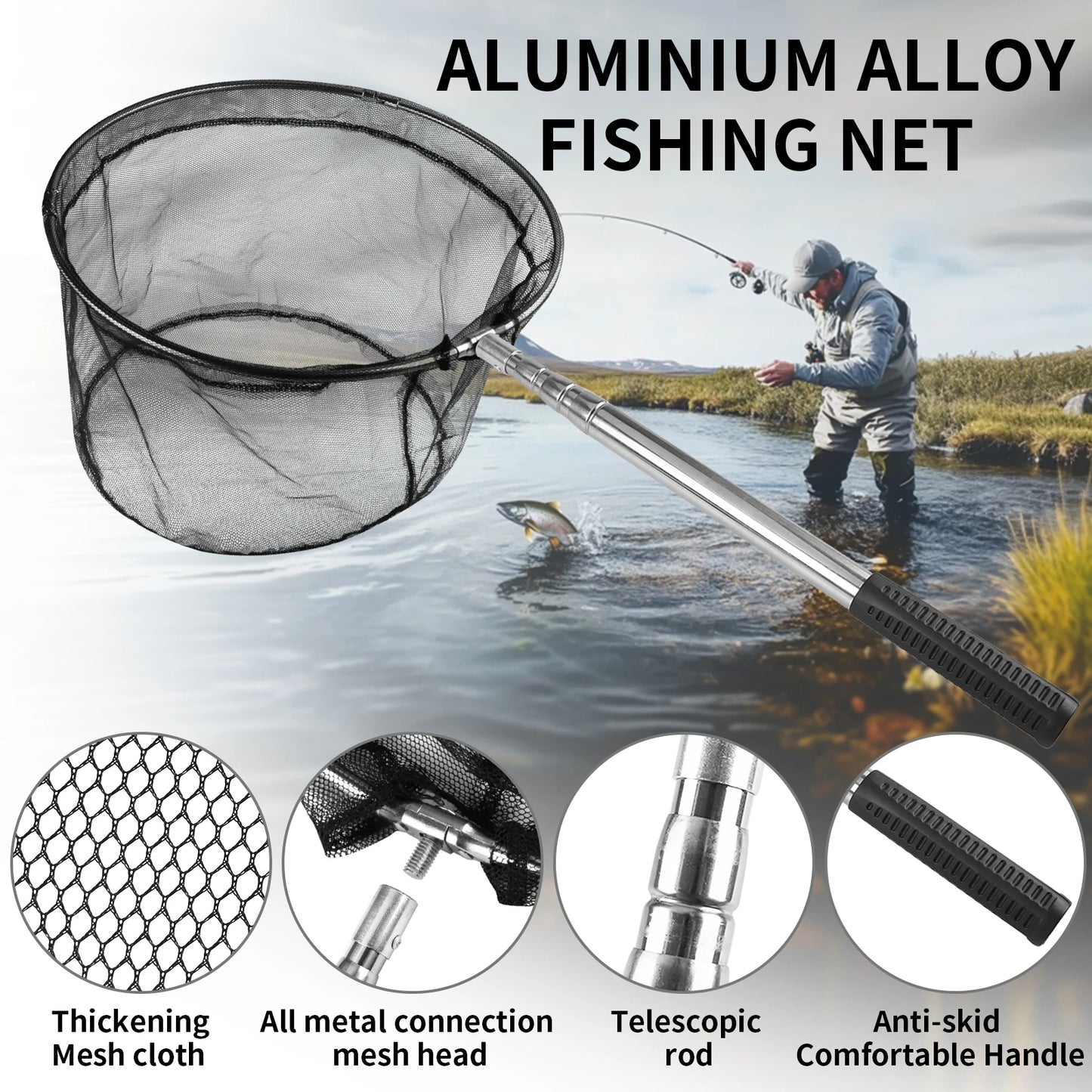 Professional Telescoping Fishing Landing Net - Aluminum Alloy Construction - Extends 55cm to 190cm with Folding Mesh Design