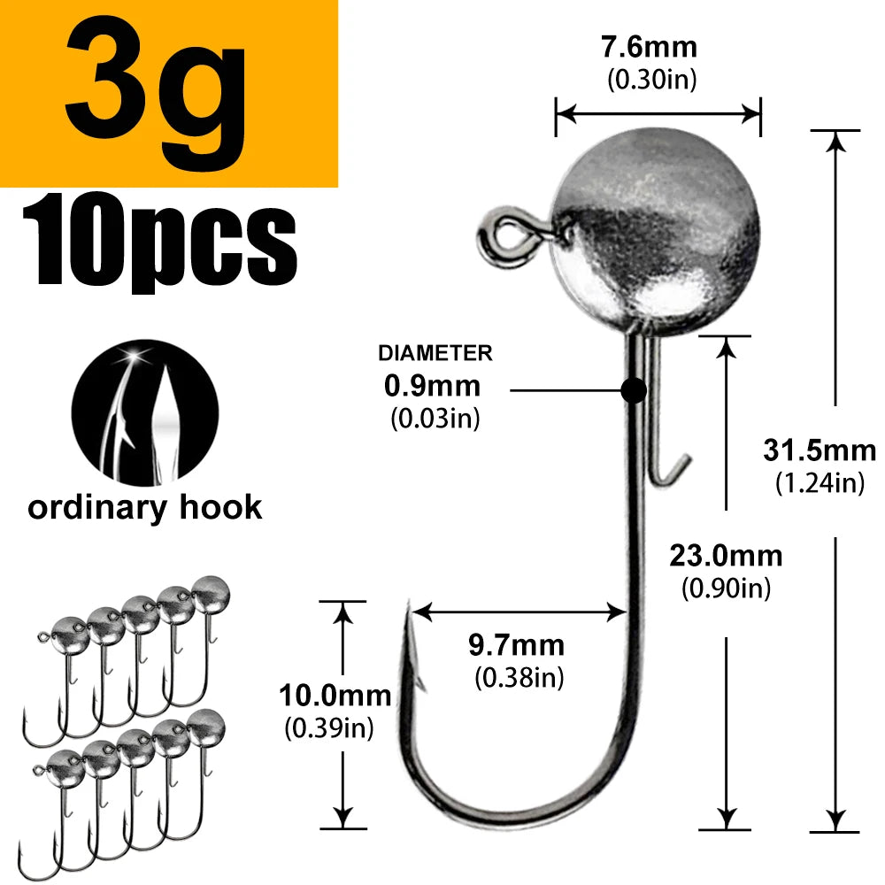 Round Head Jig Hooks for Soft Lure Fishing - Multi-Weight Pack (1g, 2g, 3g, 4g to 20g) - Premium Worm Bait Jigging Hooks for Crank Fishing
