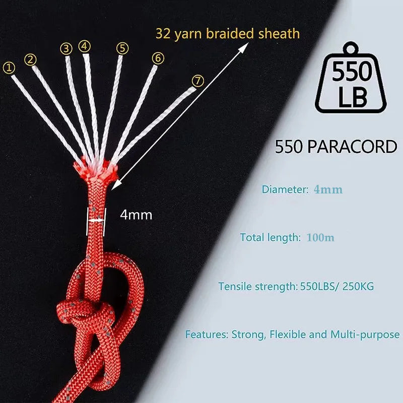 550 Paracord 7-Strand Reflective Military Tactical Rope - 4mm Parachute Cord for Camping, DIY Bracelets & Outdoor Gear