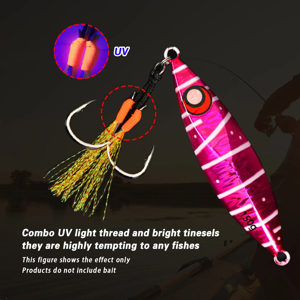 TOLU Metal Jigging Assist Hooks Set - 10 Pieces, Size 13-22#, PE Line with Feather, Solid Ring, UV Enhanced for 10-120g Lures