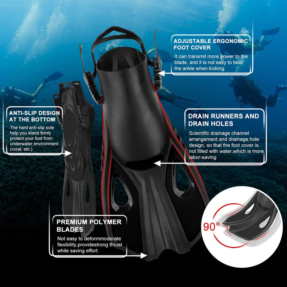 Adjustable Silicone Swimming Fins - Short Travel Diving Flippers with Open Heel Design for Adults, Youth & Kids