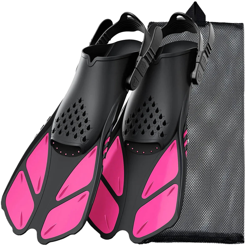 Adjustable Open Heel Swimming Fins - Short Silicone Diving Flippers with Quick-Release Buckles for Adult Men & Women Travel Size