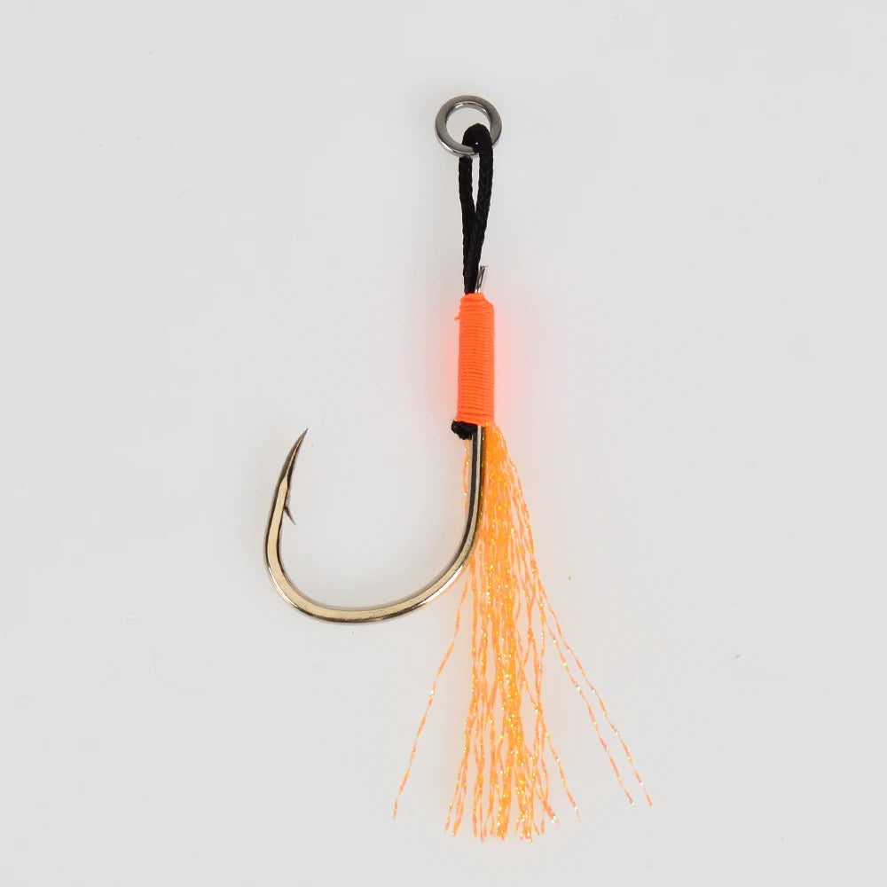 TOLU Metal Jigging Assist Hooks Set - 10 Pieces, Size 13-22#, PE Line with Feather, Solid Ring, UV Enhanced for 10-120g Lures