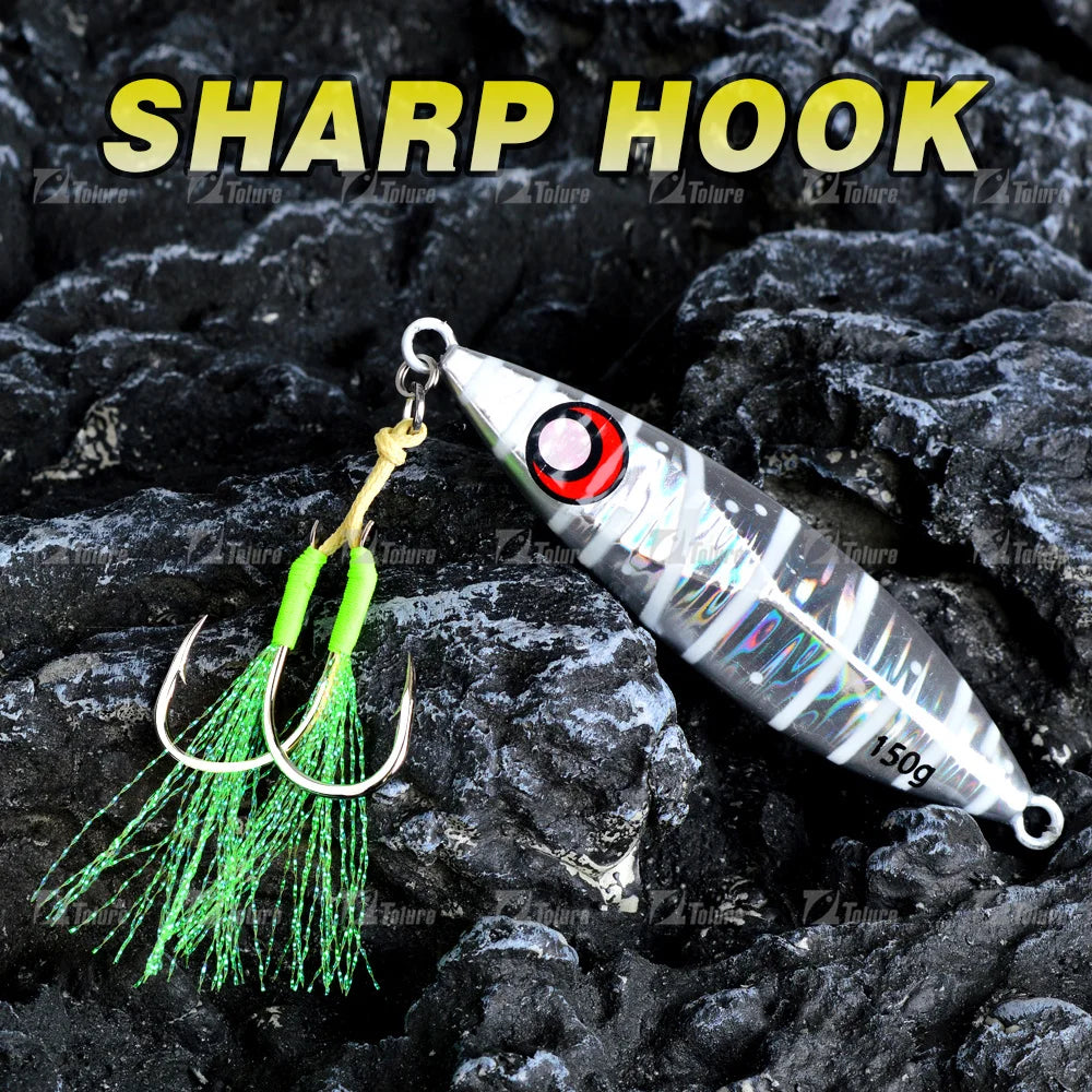 TOLU Metal Jigging Assist Hooks Set - 10 Pieces, Size 13-22#, PE Line with Feather, Solid Ring, UV Enhanced for 10-120g Lures