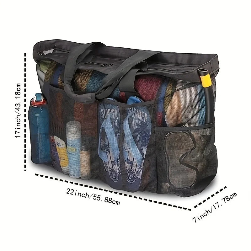Premium Oversized Beach Tote - Ultra-Light, Waterproof Design with Foldable Structure, Mesh Carrying Straps, Secure Zippered Compartments & Reinforced Shoulder Handles
