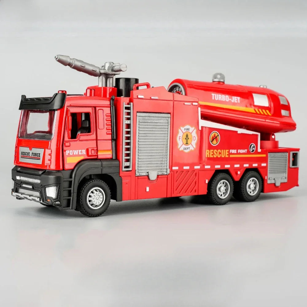 Fire Engine Model Truck 1:32 Scale with Water Spray Function - Ladder Truck Toy with Sound & Light Effects, Pull-Back Action, Opening Doors - Vehicle Collection Gift for Boys