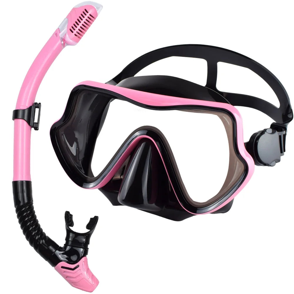 Professional Adult Diving Mask & Snorkel Kit - Tempered Glass Panoramic Swimming Goggles with Training Snorkel Gear