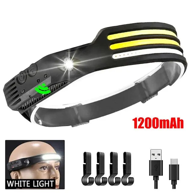USB Rechargeable COB LED Headlamp with Motion Sensor - Built-in Battery Head Flashlight for Outdoor Camping and Fishing