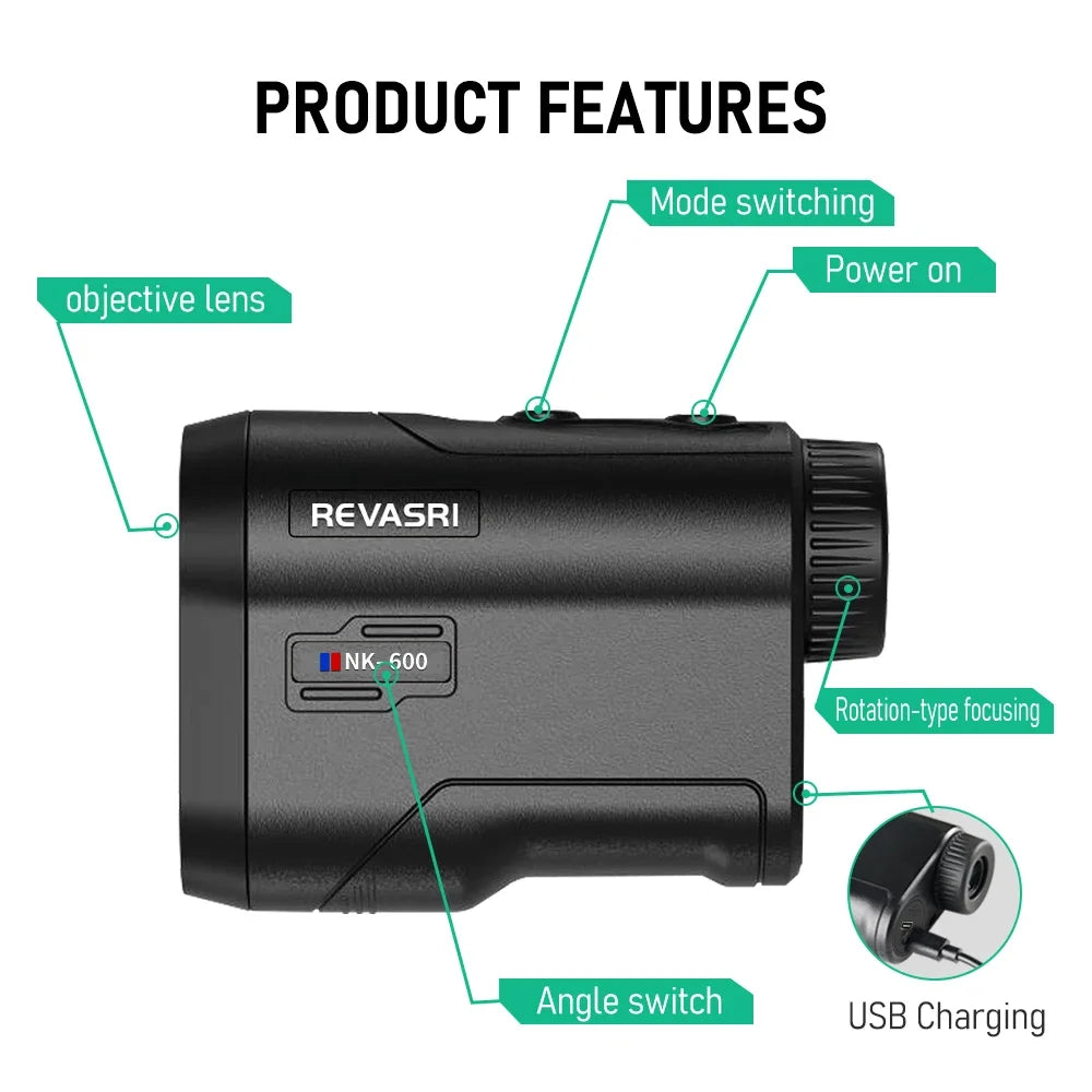 Golf Laser Rangefinder 600M/Yard - REVASRI with Slope Compensation, Flagpole Lock, Vibration Alert & USB-C Rechargeable Battery