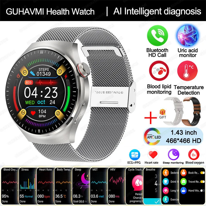 Blood Oxygen, Blood Lipid, Uric Acid, ECG+PPG, Body Temperature, Bluetooth Call, Health Smartwatch