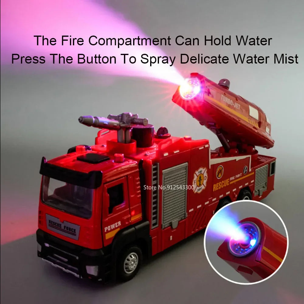 Fire Engine Model Truck 1:32 Scale with Water Spray Function - Ladder Truck Toy with Sound & Light Effects, Pull-Back Action, Opening Doors - Vehicle Collection Gift for Boys