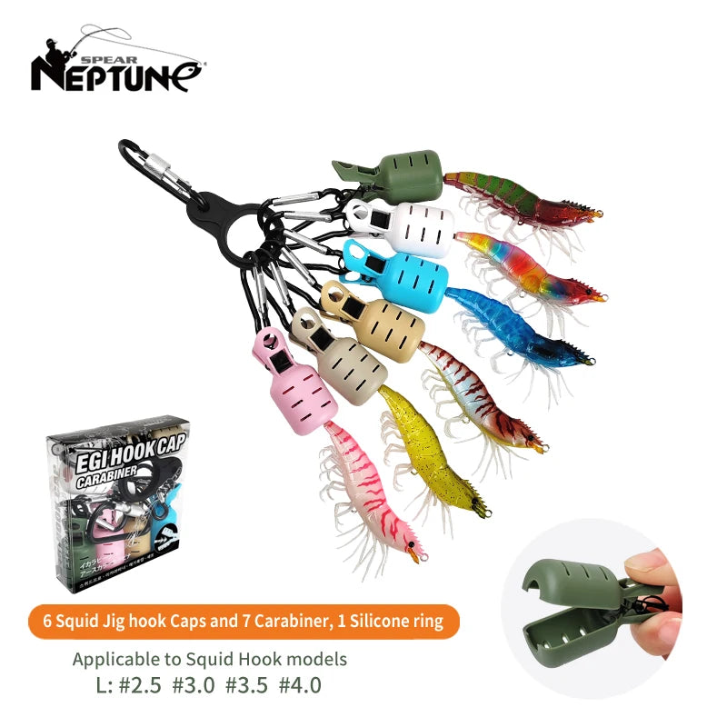 Squid Jig Bait Protector Kit - 6pcs Webfoot Octopus Egi Hook Covers with Carabiner for Cuttlefish Umbrella Lure Fishing Tackle