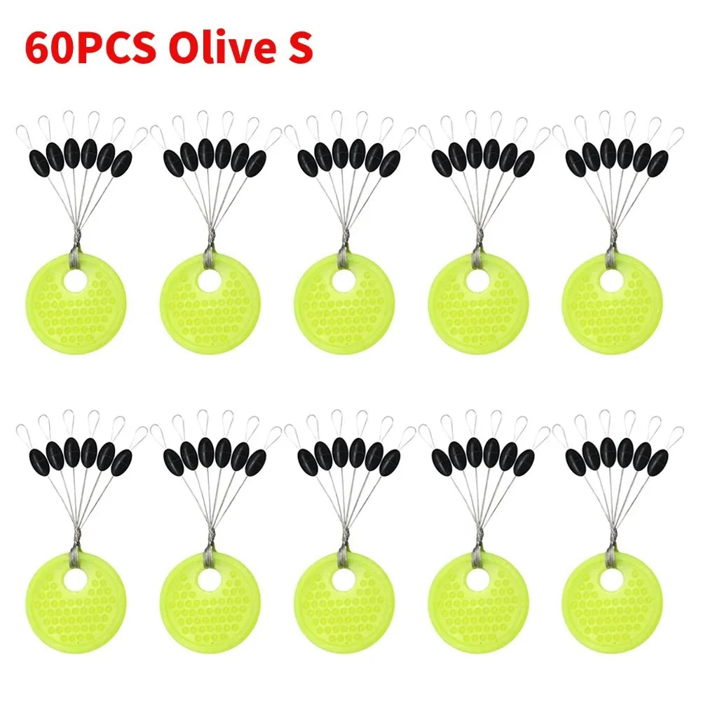 Fishing Line Space Beans Set - 60pcs (10 Groups) Rubber Stoppers, Oval & Long Column Shaped Vertical Bobber Tools
