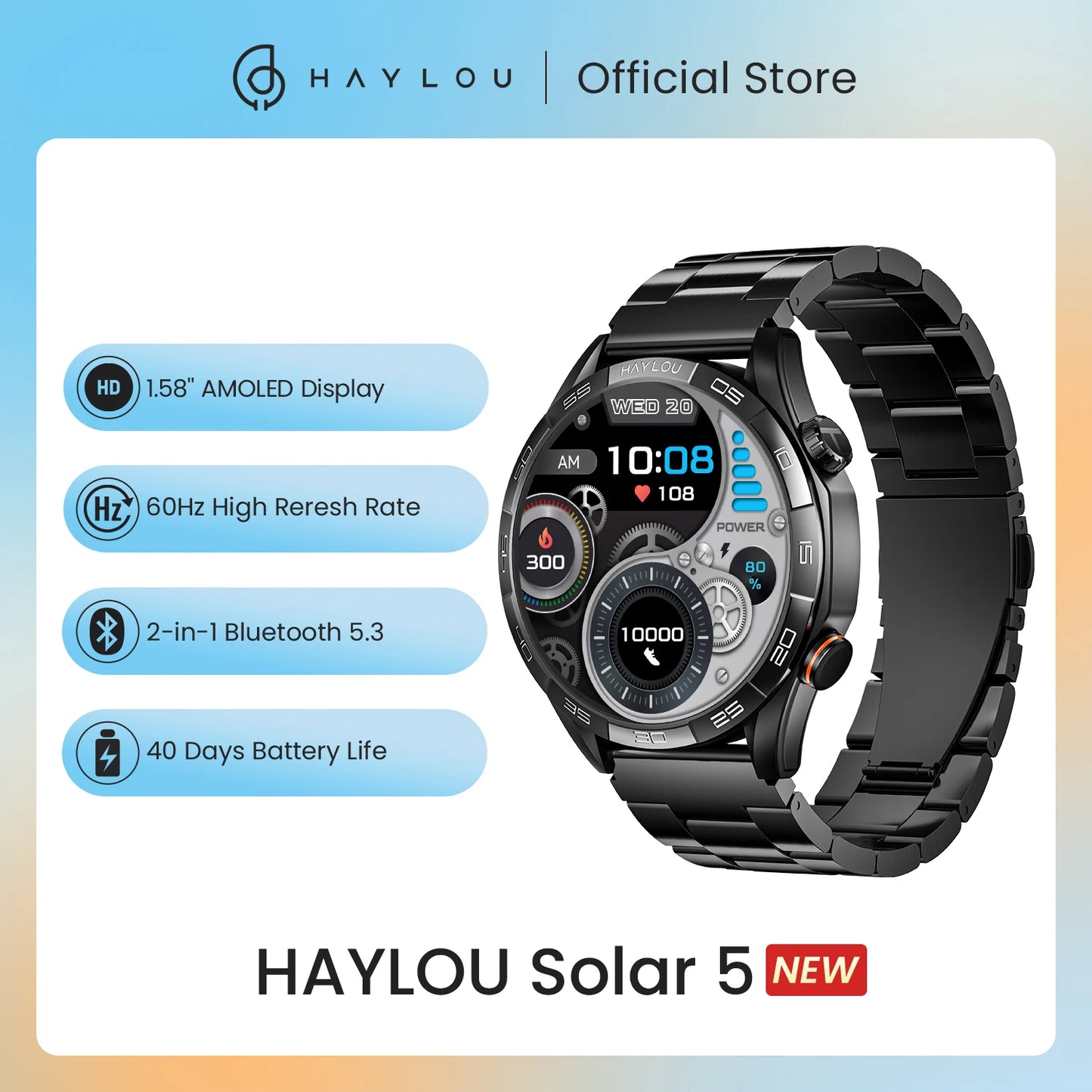 HAYLOU Solar 5 Voice Calling Smartwatch - 1.58" AMOLED Display, 60Hz Refresh Rate, 24H Health Monitoring, Sports Smartwatch for Men
