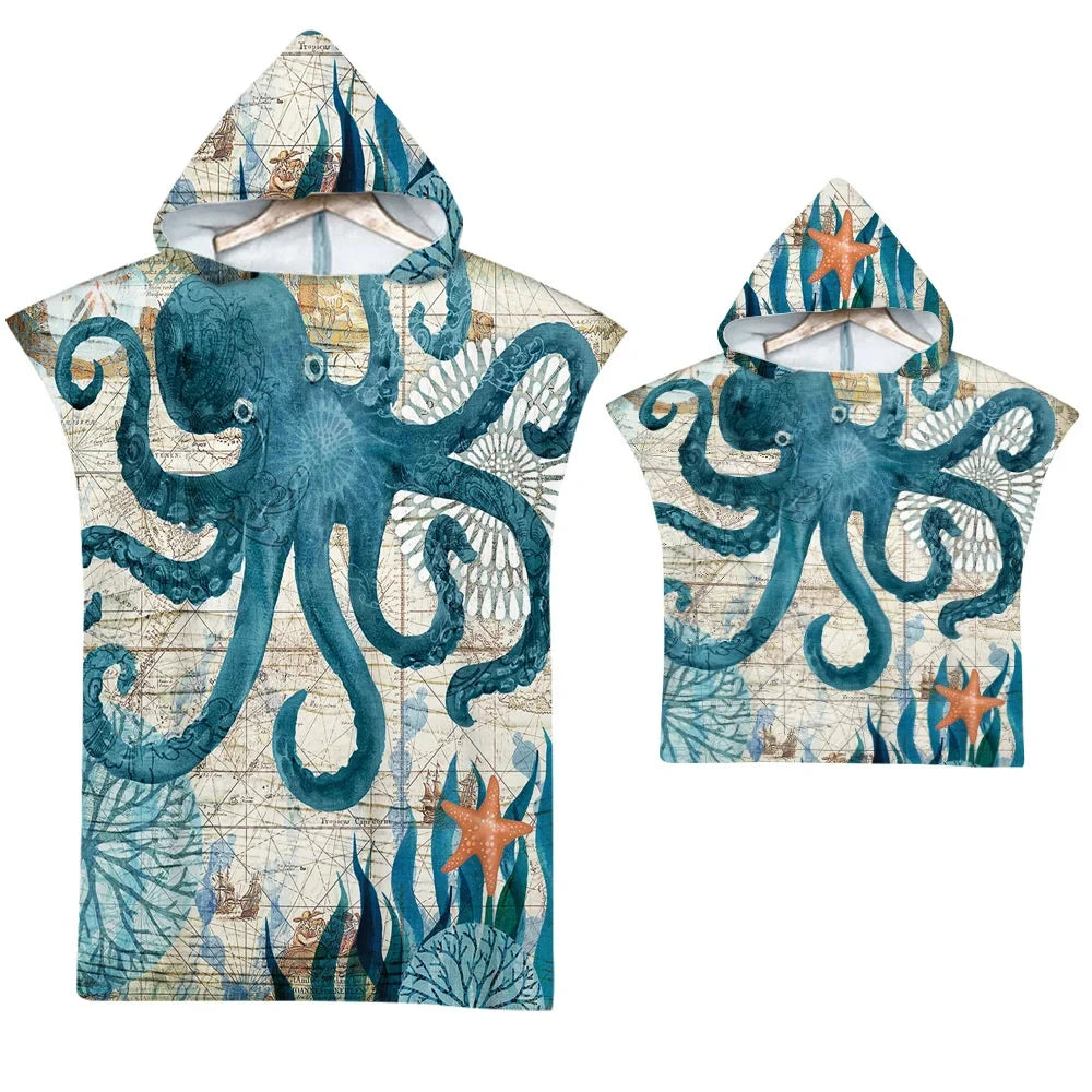 Quick-Dry Microfiber Hooded Towel Poncho with Printed Design - Beach & Water Sports Changing Robe