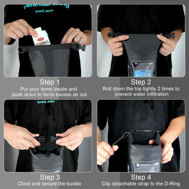 Waterproof PVC Outdoor Dry Bag - 5L & 2L Capacity - Multi-Sport Floating Bag for Swimming, Diving, Kayaking, Rafting & Beach Activities - Crossbody Shoulder Travel Bag for Surfing