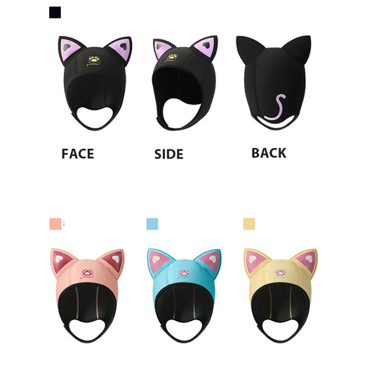 Women's Waterproof 3MM Neoprene Diving Hood - Cute Cat Ears Design with Chin Straps for Swimming & Snorkeling