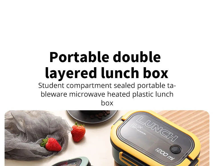 Portable Double-Layer Lunch Box with Compartments - Microwave Safe Food Container with Fork & Spoon Set for Picnic and Fresh Food Storage