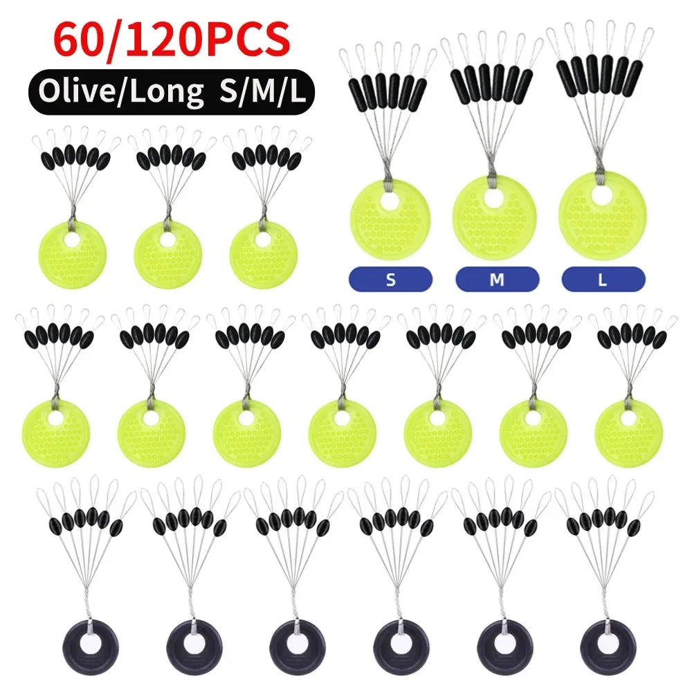 Fishing Line Space Beans Set - 60pcs (10 Groups) Rubber Stoppers, Oval & Long Column Shaped Vertical Bobber Tools