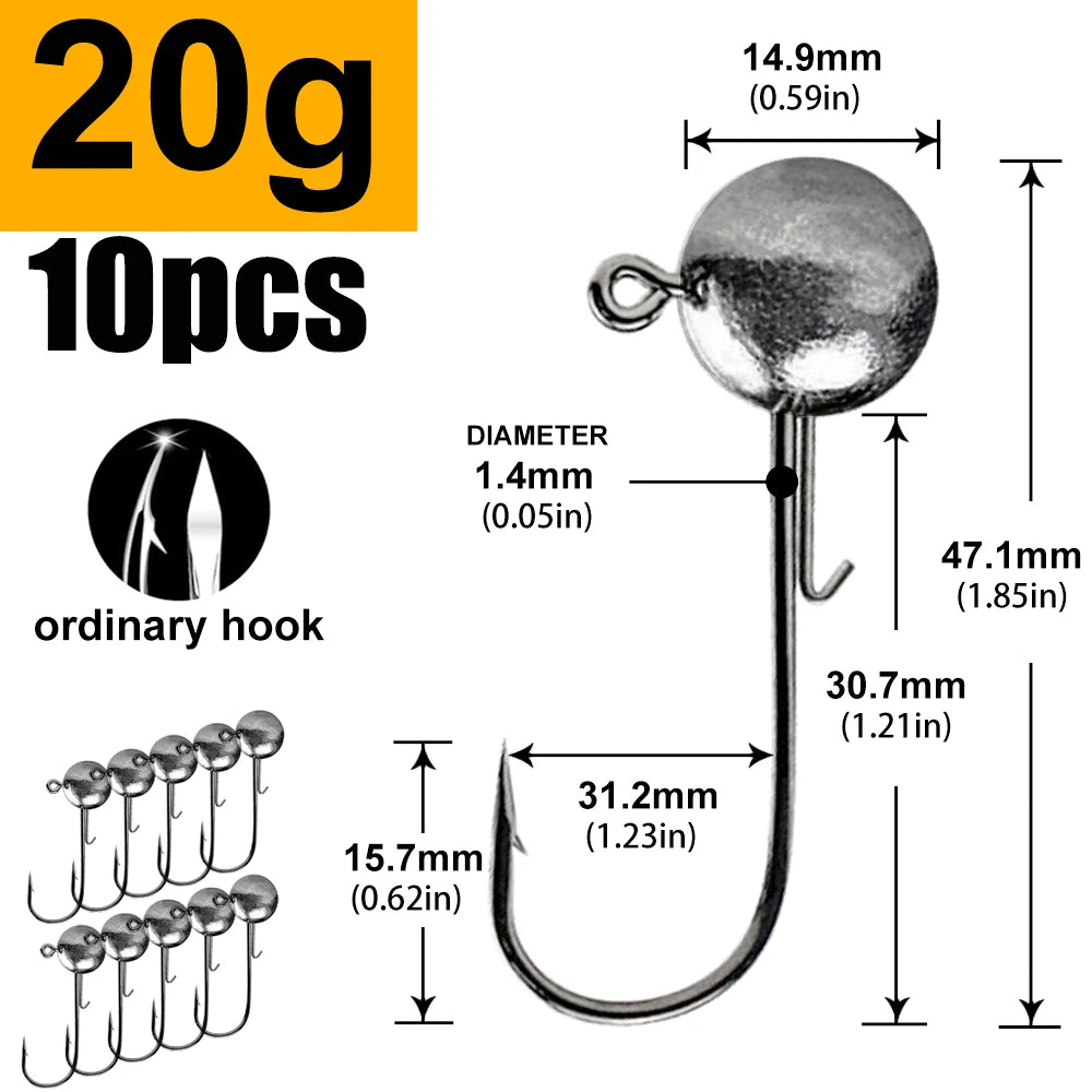 Round Head Jig Hooks for Soft Lure Fishing - Multi-Weight Pack (1g, 2g, 3g, 4g to 20g) - Premium Worm Bait Jigging Hooks for Crank Fishing