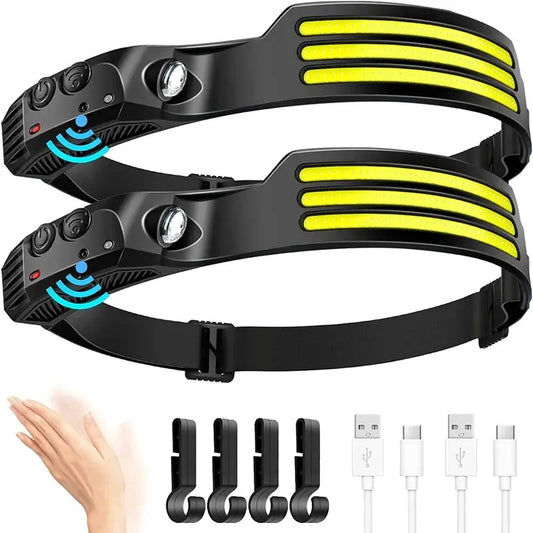 USB Rechargeable COB LED Headlamp with Motion Sensor - Built-in Battery Head Flashlight for Outdoor Camping and Fishing