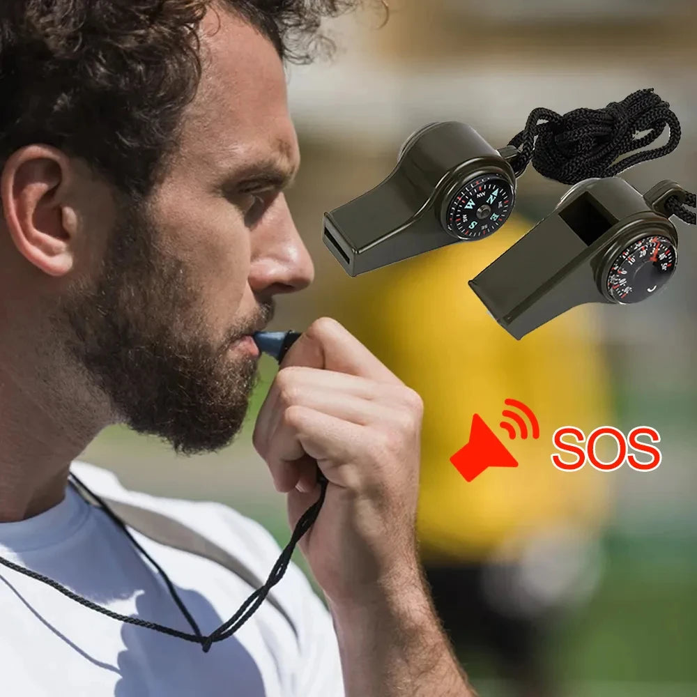 Multi-Function Emergency Whistle - 3-in-1 Survival Tool with Compass & Thermometer for Outdoor Activities