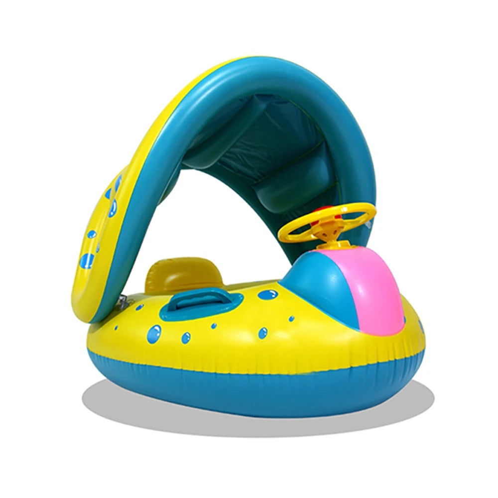 Yellow Inflatable Baby Swimming Pool Float - 1 Piece Sunshade Seat Ring with Steering Wheel