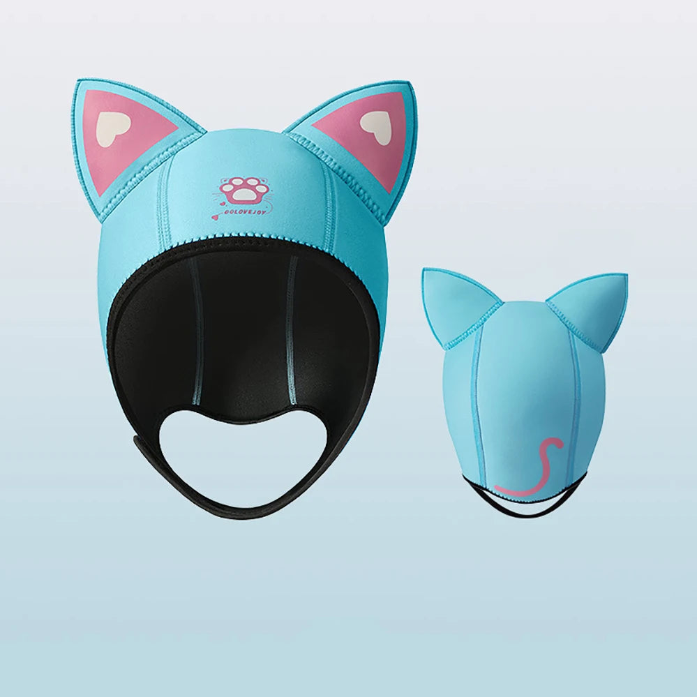 Women's Waterproof 3MM Neoprene Diving Hood - Cute Cat Ears Design with Chin Straps for Swimming & Snorkeling