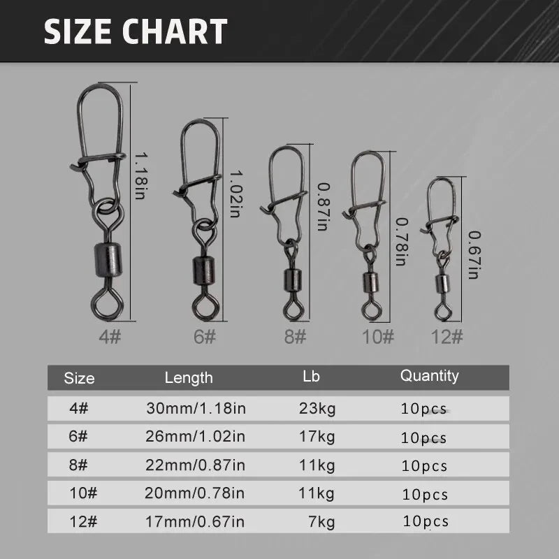 Premium Stainless Steel Fishing Swivel Connectors - 50 Piece Set with Rolling Bearing & Snap Hook for Lure Rigging