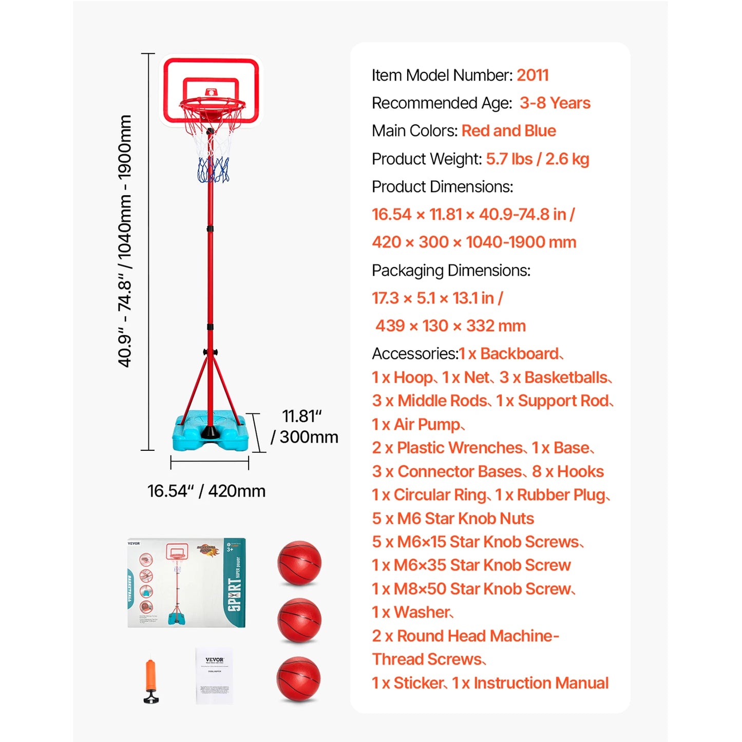 VEVOR Toddler Adjustable Basketball Hoop 104-190CM Rack for Kids Outdoor Indoor Ball Sport Backboard Rim Shoot Children Toys