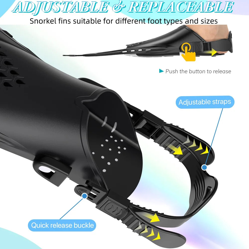 Adjustable Open Heel Swimming Fins - Short Silicone Diving Flippers with Quick-Release Buckles for Adult Men & Women Travel Size